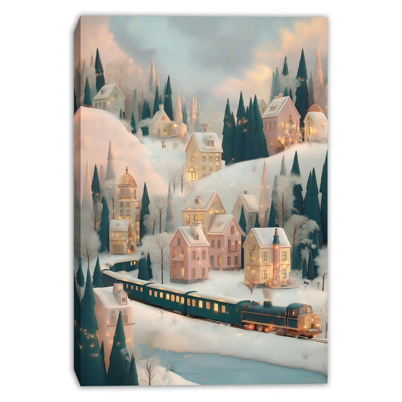 «Snowy Village Train Ride», art mural sur toile, 24 po x 36 po