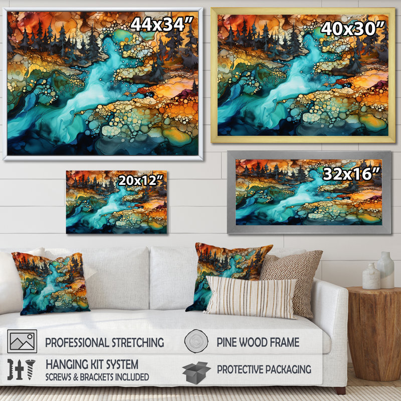 «Dreamscape Lakes Rivers», impression à l'encre liquide sur toile I, Cadre naturel flottant, H 24 po x l 32 po x P 1 po