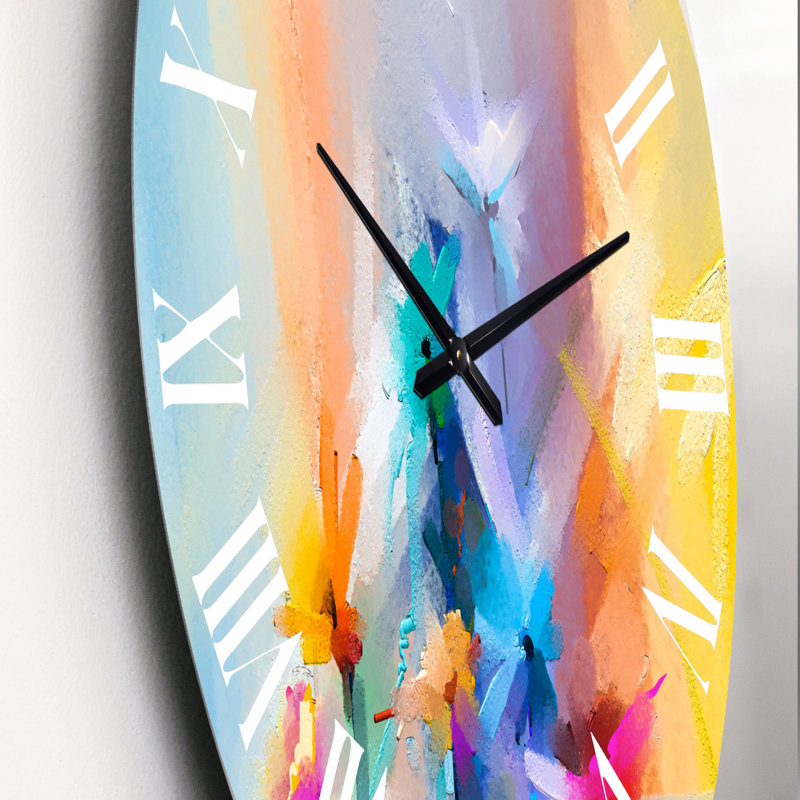 Horloge murale moderne - fleurs peintes en rouge et bleu pastel II, Petit