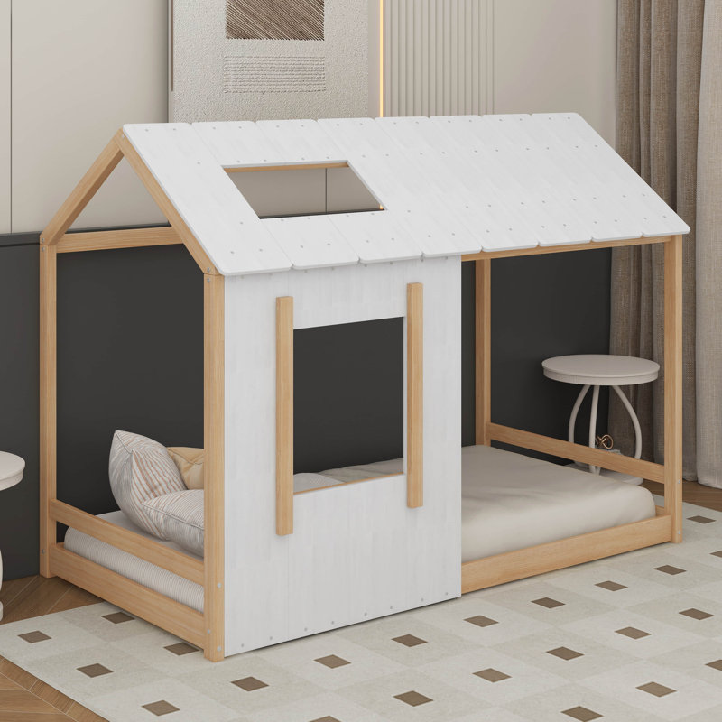 Plateforme pour lit simple avec fenêtre et toit, Blanc/naturel