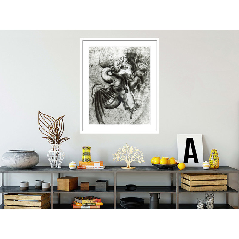 «Fight entre un dragon et un lion» par Leonardo Da Vinci - Reproduction giclée encadrée, H 40,75 po x l 33,5 po