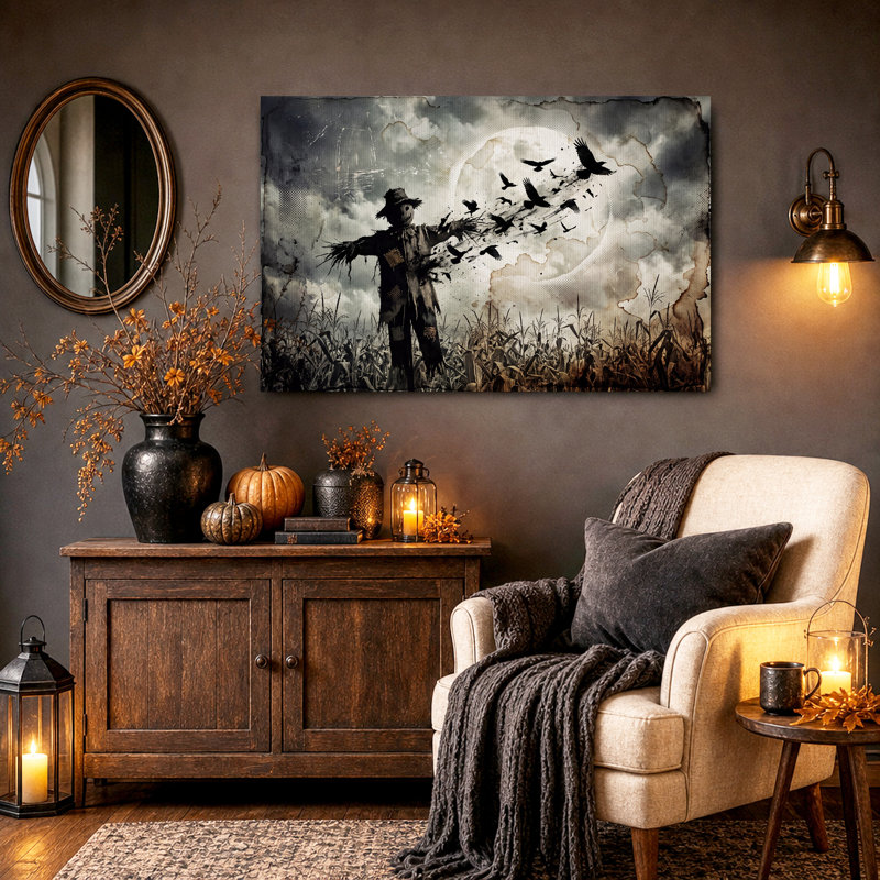 Sépia épouvantail se transformant en corbeaux, art mural d'Halloween, 36"H x 48"W