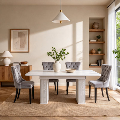 63"-78.1" Extendable Dining Table Set with Wave Fluted Pedestal & Velvet Upholstered Chairs, Wooden Scratch-Resistant Finish, Rounded Safe Corners, Modern Farmhouse Rectangular Dining Table Set for Kitchen and Dining Room, Seats 4-8