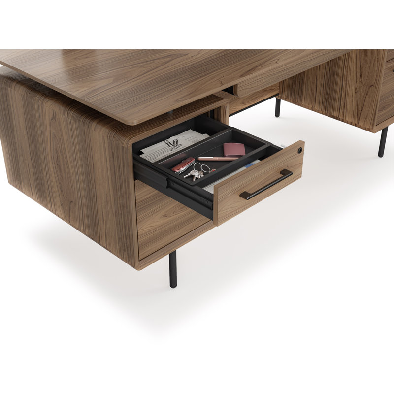 Natural Walnut Executive Desk with Filing Cabinet and Power Outlet