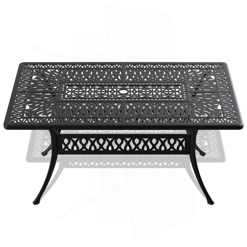 Table de salle à manger L58.27 * W34,65 pouces en fonte d'aluminium avec structure noire et trou pour parasol