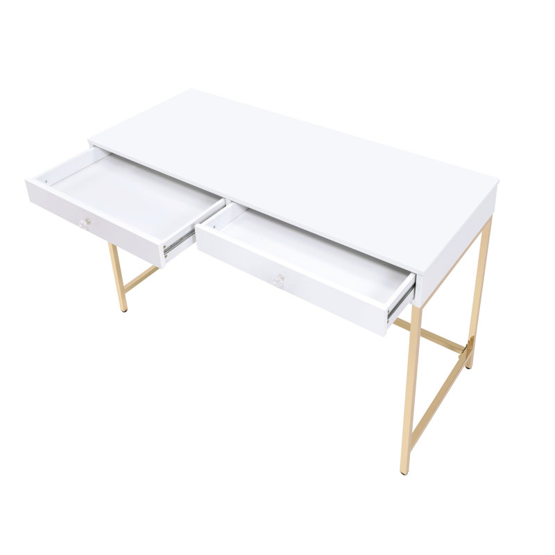 Bureau blanc ultrabrillant 2 avec accents dorés pour le style de chambre à coucher contemporain