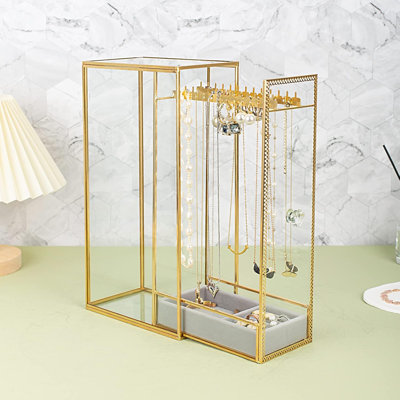 Glass Necklace Organizer Holder, Jewelry Organizer Necklace Holder With Hanging Hooks, Glass Necklaces Display Case For Storage Rings Earrings