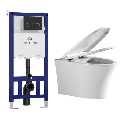 Los Flexi Elongated Wall Hung Toilet Bowl with Sturdy In-Wall Tank Carrier, Push Plate Included