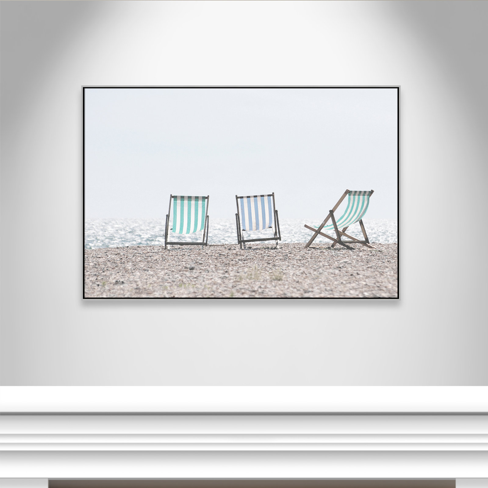Beach Chairs - Photograph Print, 41.5" H x 61.5" W x 2" D, Silver Framed Canvas