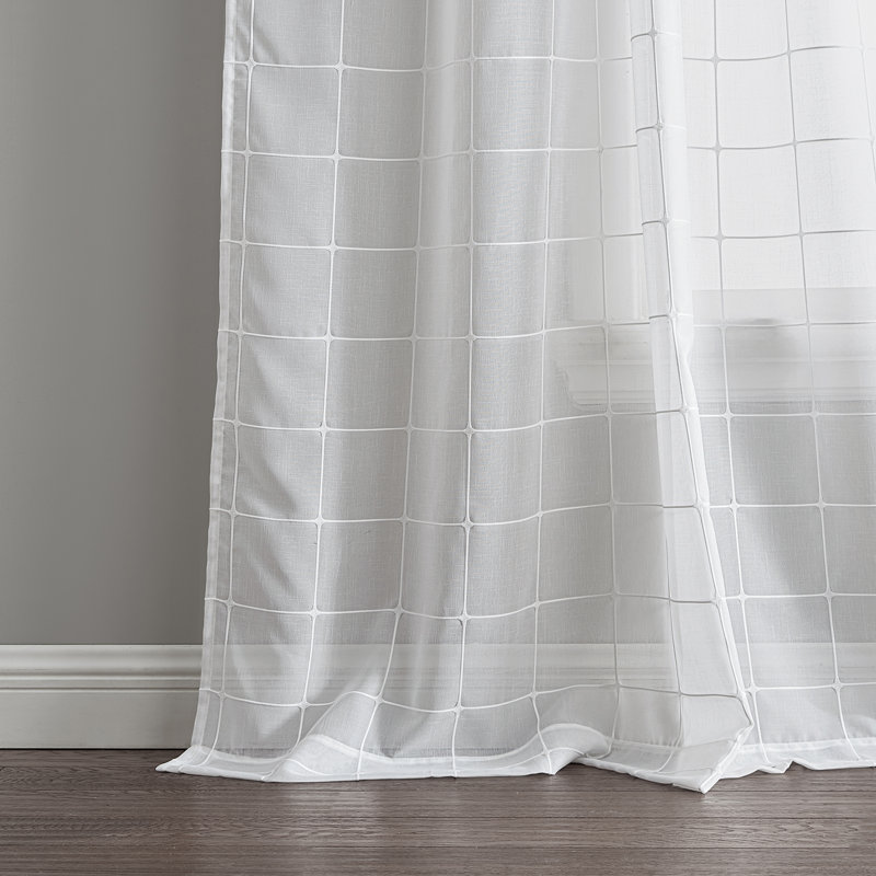 Rideau semi-transparent à carreaux avec passe-tringle, Blanc, L 52 po x L 96 po