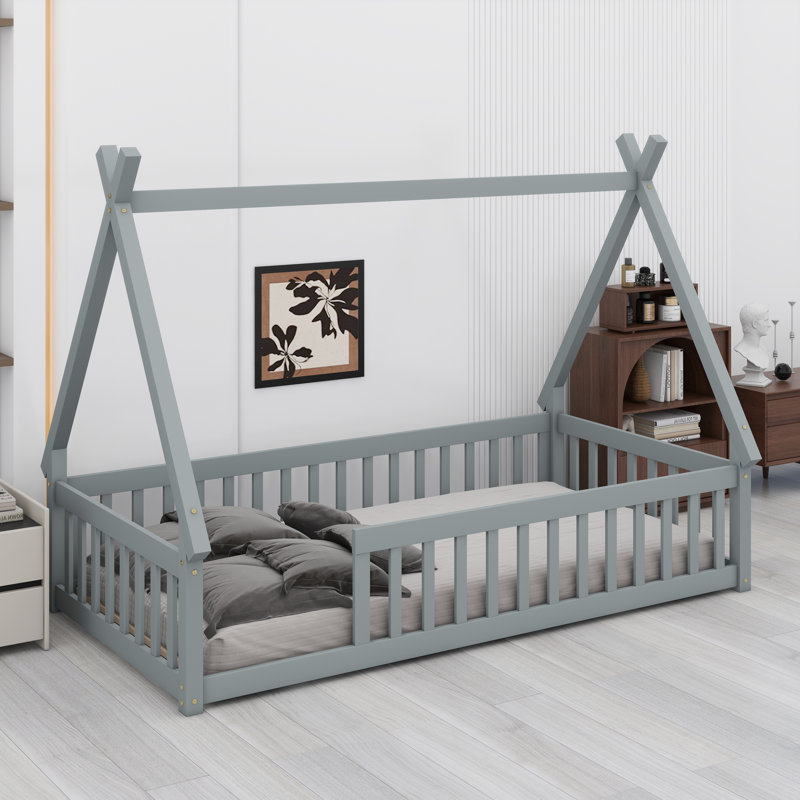Tent-Style Floor Bed With Safety Guardrails And Built-In Slats, Gray
