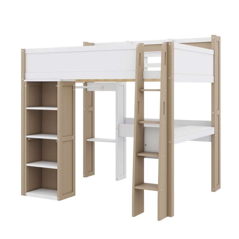 Lit mezzanine double avec étagères, tringles à vêtements et espace de travail, Naturel