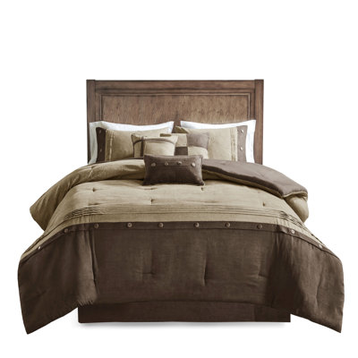 Queen Comforter In Brown - 7 Piece Faux Suede, Lodge Cabin Style Decor, , Wrinkle Bedding Theme, Machine Washable Pillow Sham