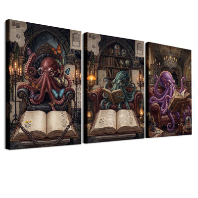 Ensemble de 3 toiles murales « Poulpe de lecture rouge, turquoise et violet » pour l'Halloween