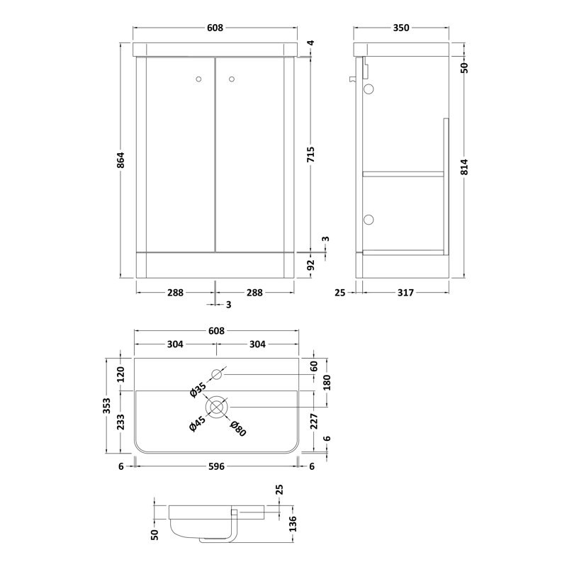Core 605mm Single Bathroom Vanity with Integrated Vitreous China Basin, Gloss White