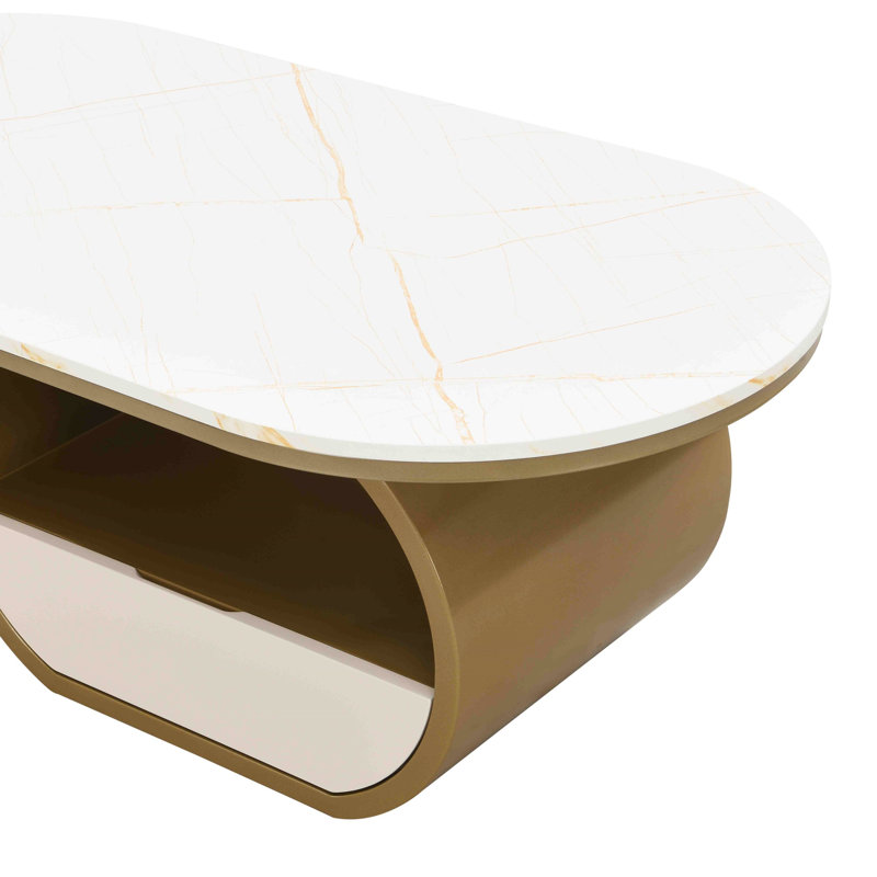 Table basse moderne ovale, table basse de 47,24 po avec tiroir de rangement, plateau en faux marbre, table centrale en métal