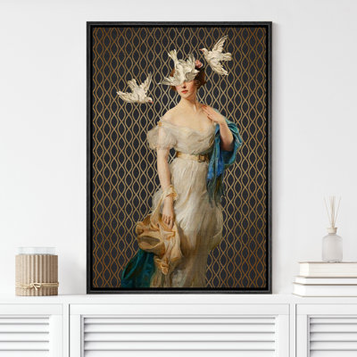 Altered Classical Portraits Whimsical Chic Retro Fine Art Classical Victorian Lady Woman With Birds Framed Canvas Print Wall Art