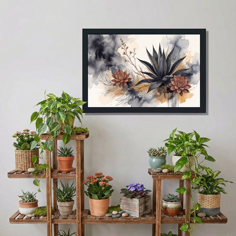 " Grey and Tan Watercolor Agave and Succulents " Painting, H 16 po x l 24 po