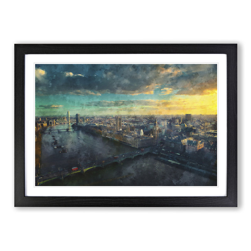 Big Ben & The London Skyline - Single Picture Frame Painting on MDF, 36cm H x 48cm W x 2cm D, Black Framed