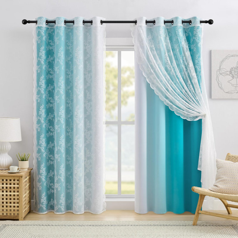 Ombre Blackout Curtains 4 Pcs Set Mix & Matched  - 2 Pcs Leaf Sheer Lace & 2 Pcs Ombre Blackout Room Darkening Window Curtains for Bed Room Living Room 84 Inch Long Grommet Thermal Insulated Sunlight Blocking Noise Reducing  Turquoise Color