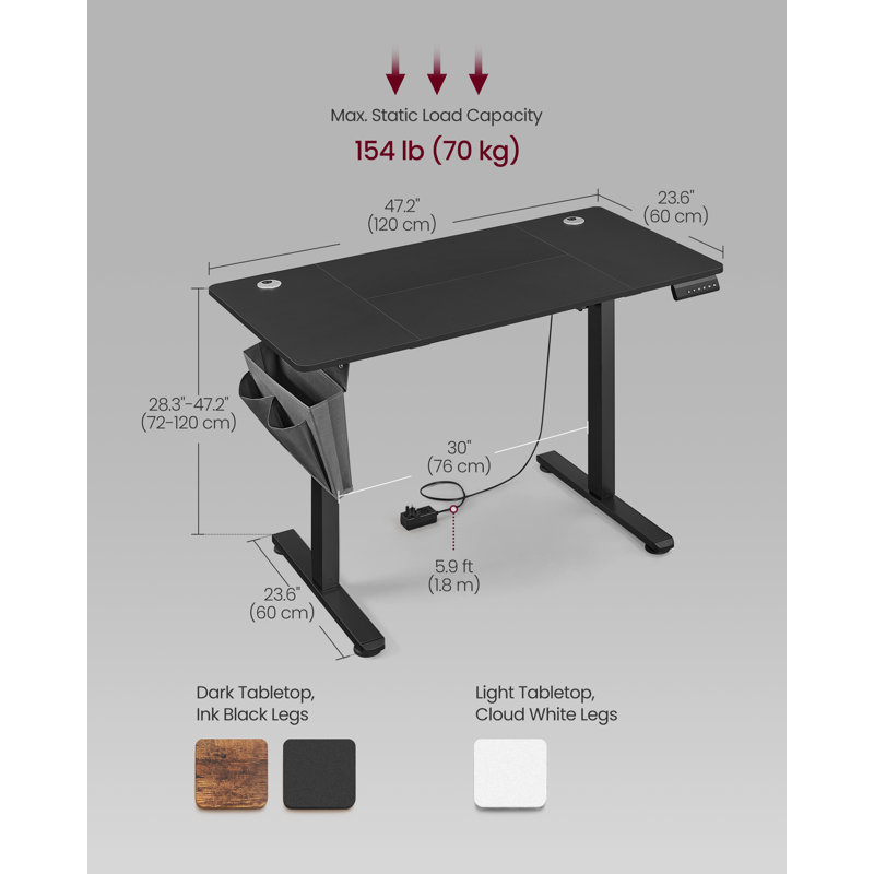 Height Adjustable Rectangle Standing Desk, Black/Black, 120 H x 120 W x 60 D cm