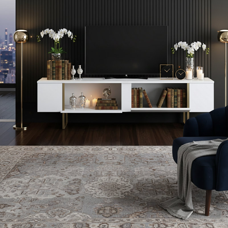 Luxe Modern White TV Stand with Gold Legs