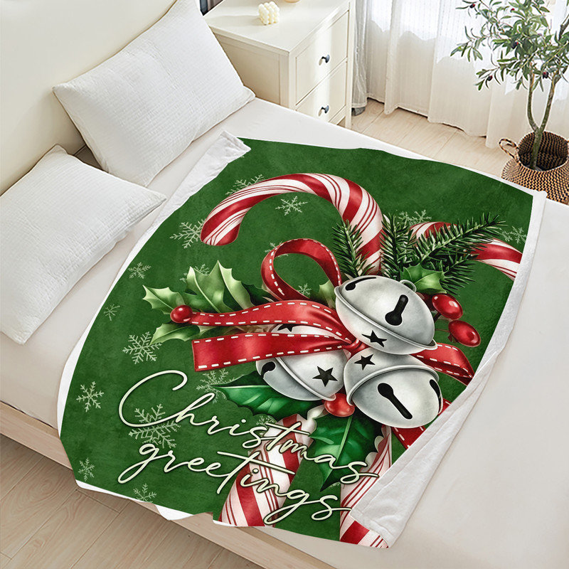 Plaid de Noël en flanelle polaire JYK, léger, respirant, doux, chaud et confortable, en microfibre pelucheuse, 76 x 102 cm, motif de cannes de Noël et clochettes