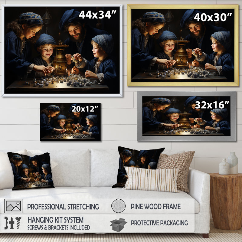 «Judaism Family Dreidel Drama I», reproduction, Cadre flottant doré, H 16 po x l 32 po x P 1 po