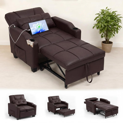 4-in-1 Convertible Sleeper Sofa Chair – Pull-Out Single Recliner with Vibration Massage Lumbar Pillow, USB & Type-C Charging Ports, Cup Holders, Side Storage Pocket, Ideal for Small Space, Brown