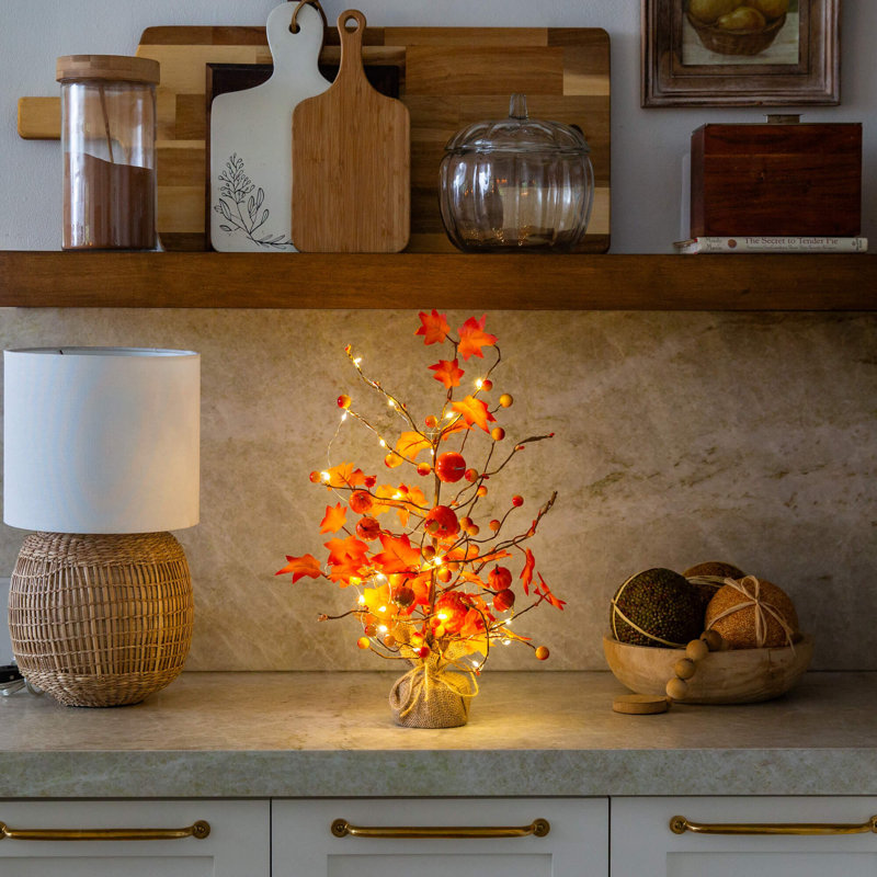 18In. Pre-Lit Artificial Maple Tree With Pumpkin Ornaments And 30 LED String Lights In Burlap Wrapped Base