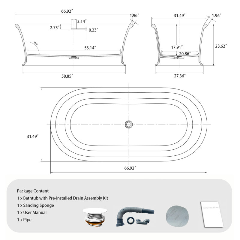 Baignoire de trempage autoportante à surface solide de 67 po avec base piédestal romaine élégante - Résine de pierre blanche matte