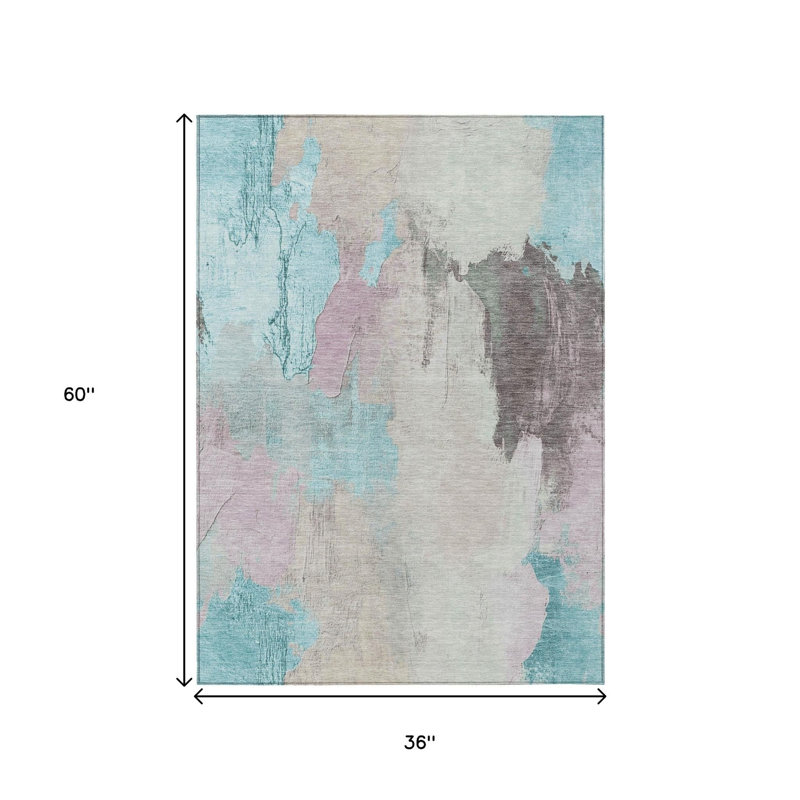 3' X 5' Teal Blue And Beige Abstract Washable Indoor Outdoor Area Rug