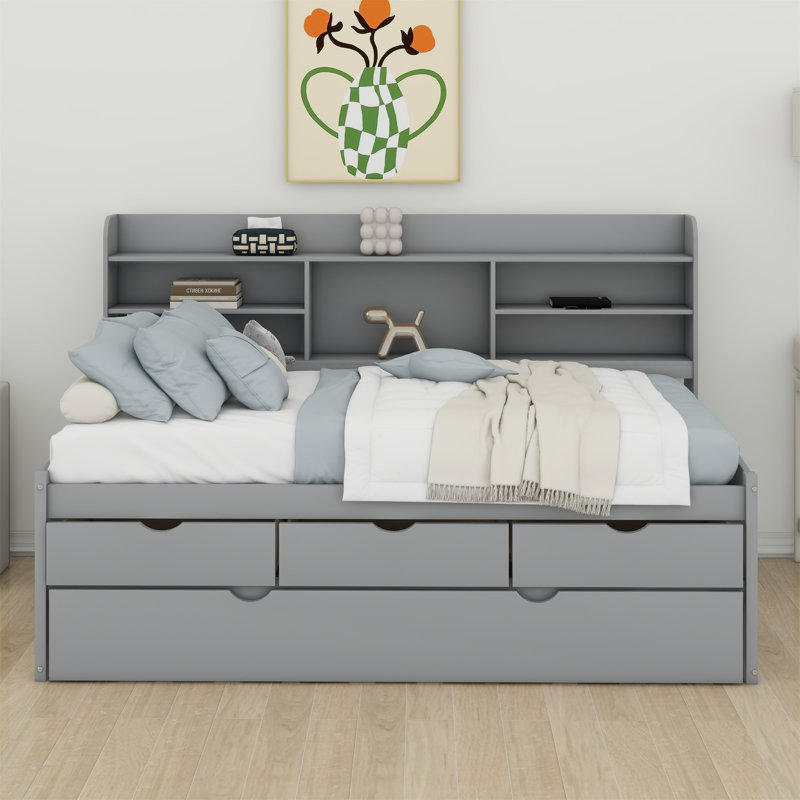 Lit en bois avec bibliothèque, trois tiroirs de rangement et lit gigogne, Gris clair