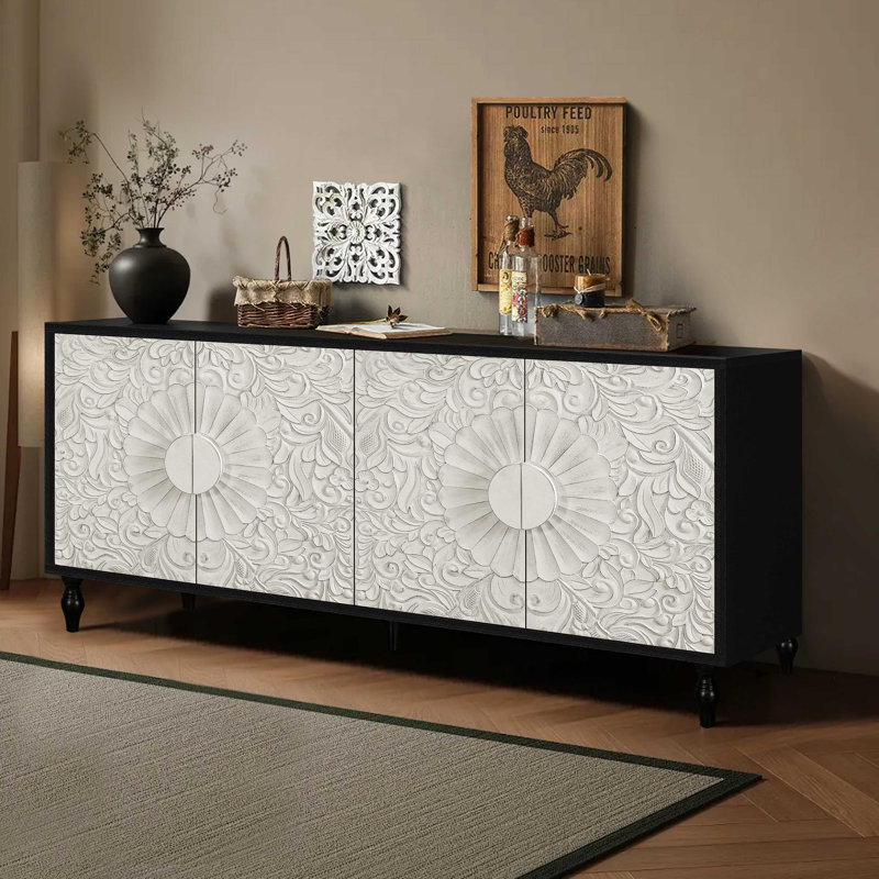 Grandes portes facettées sculptées et épissées combinées avec des cadres noirs pour table télé, buffets, armoires décoratives
