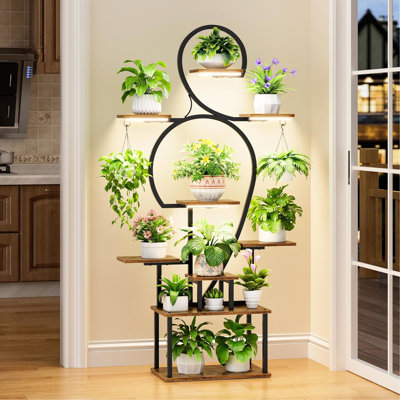 9 Tiered Indoor Plant Stand With Grow , Large Metal - Type Shelf For Multiple Plants In Living Area, Walnut+Black Color Scheme, Open Back Horizontal O by DuskDreams