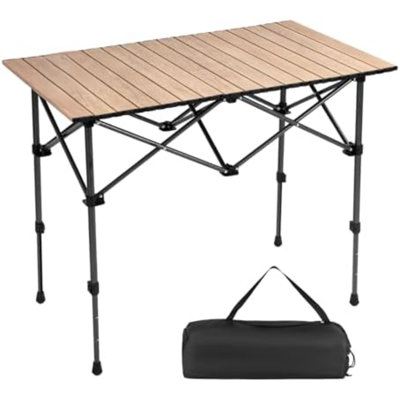 Table de camping pliante en aluminium, grain de bois | Conception pliable, plateau de table en aluminium enroulable, poids léger avec sac de transport, pieds réglables en hauteur, extérieur pour le camping, pique-nique