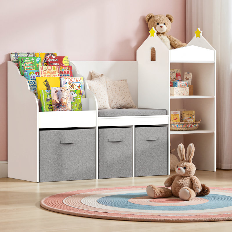 60" Kids Bookshelf with Reading Nook, Wooden Bookcase with Soft Seat Cushion, Movable Fabric Drawers & Storage Cubbies, Toy Organizer for Kids Room, Nursery, Bedroom, Playroom, Classroom, White