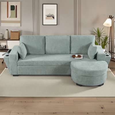 Three Seat Sectional Sofa with Storage Ottoman, Charging Port and Cup Holders