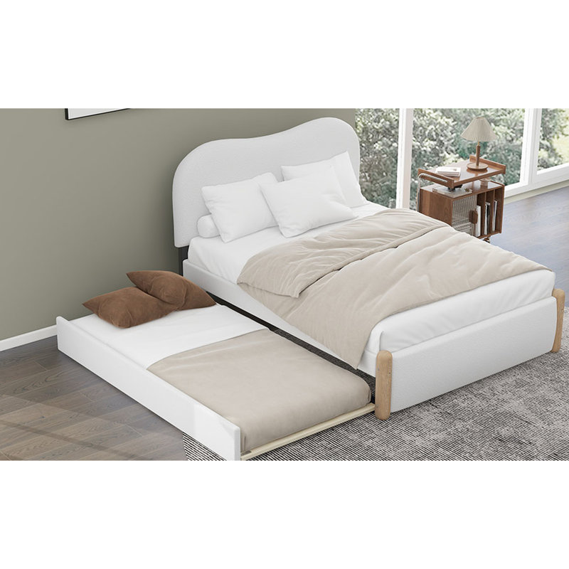 Lit double tapissier double avec lit gigogne blanc - Matériaux en bois massif, surface de sommeil confortable et tête de lit moelleuse essentielle