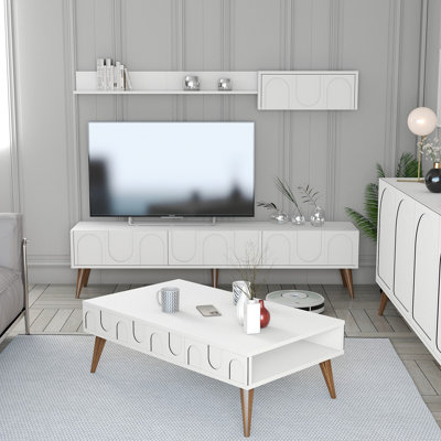 Modern Living Room Furniture Set, White & Walnut, 71.0 x 17.3 x 13.8 in TV Unit, 71.0 x 9.4 x 11.6 in Wall Shelves (2 pcs), 41.3 x 13.4 x 23.6 in Coffee Table | 100% Melamine Coated Particle Board, Stylish & Functional Design