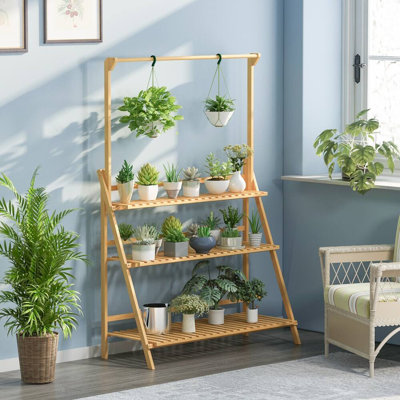 Présentoir à fleurs pliable en bambou à 3 niveaux pour l'intérieur et l'extérieur