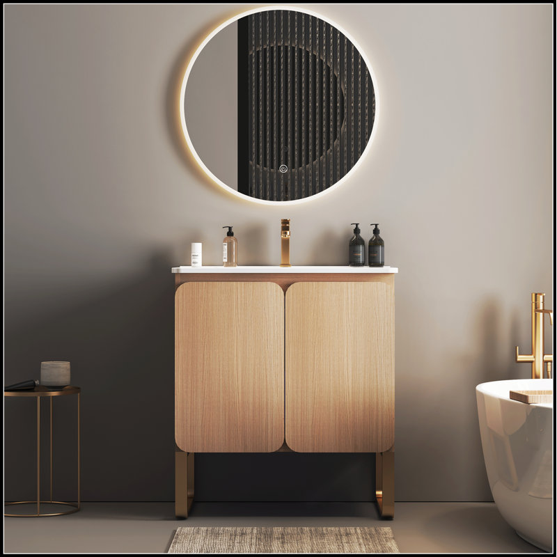 Meuble-lavabo mural autoportant de 30 po en bois clair avec lavabo en céramique, grand rangement et support en métal pour les salles de bain modernes