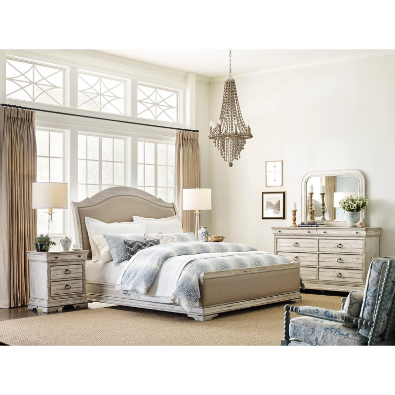 Queen Beige Upholstered Wood Frame Scalloped Bed