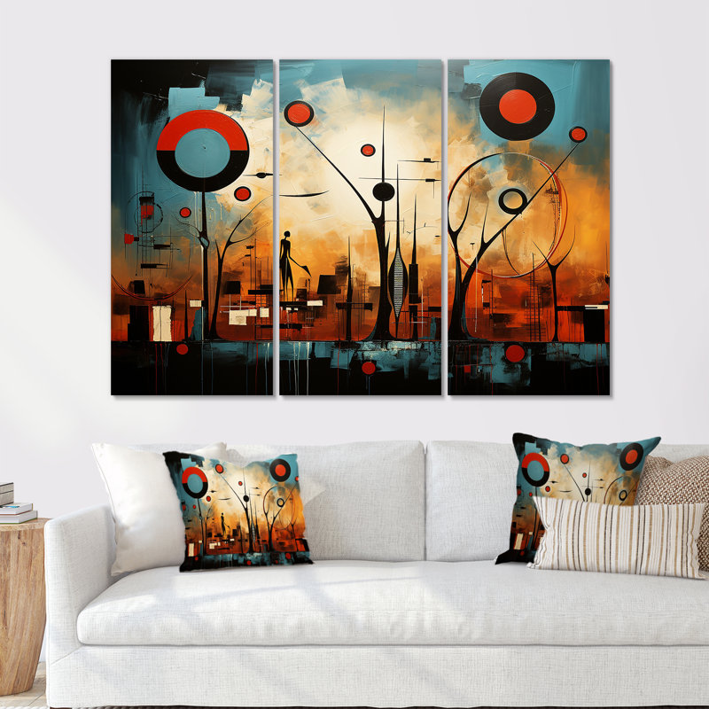 Vision urbaine urbaine, bleu, rouge, orange, ensemble d'art mural africain, Toile tendue, H 32 po x l 48 po x P 1 po