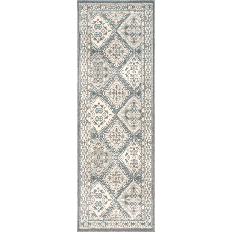 Tapis en tissu performance gris / bleu à motif carreauté traditionnel Joslyn, Tapis de couloir 2 pi 6 po x 8 pi