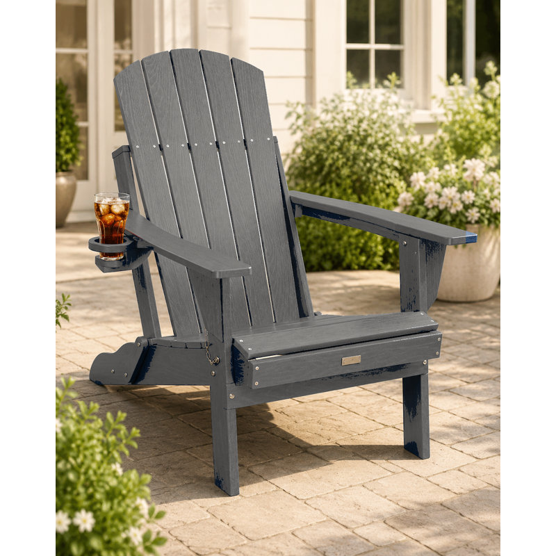Foldable Adirondack Chair with Cup Holder, Weather-Resistant Wood-Look Outdoor Lounge Chair for Patio, Porch, Deck and Lawn, Gray