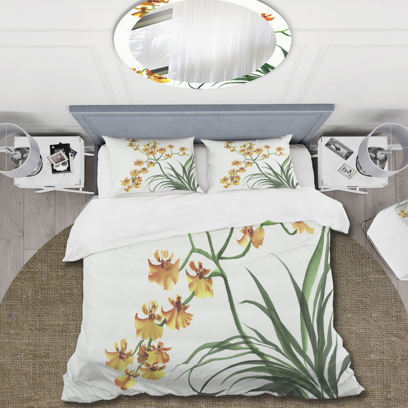 Orchidées jaunes rétro - ensemble de housse de couette traditionnel - microfibre de polyester