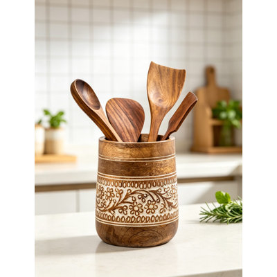 Porte-ustensiles en bois de ferme pour comptoir de cuisine, organisateur de spatules en bois de manguier à fleurs blanches faites à la main, pot à ustensiles rustique Boho avec design sculpté, rangement polyvalent pour les ustensiles de cuisine