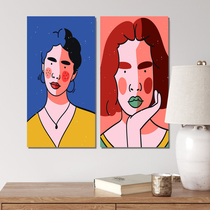 «Retro Woman Portrait Minimalistic Pop IX», ensemble de 2 impressions, H 32 po x l 32 po x P 1 po, Toile tendue
