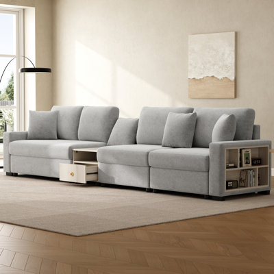 Multifunctional Grey Chenille Modern Sofa With Storage Console For Living Room